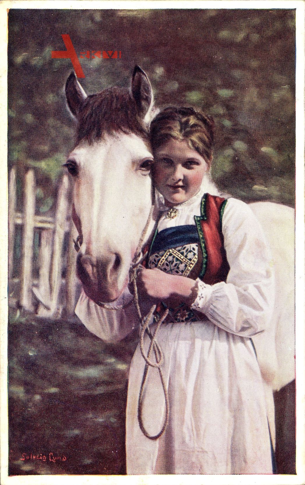 Norwegerin in Landestracht mit weißem Pferd, Hardanger