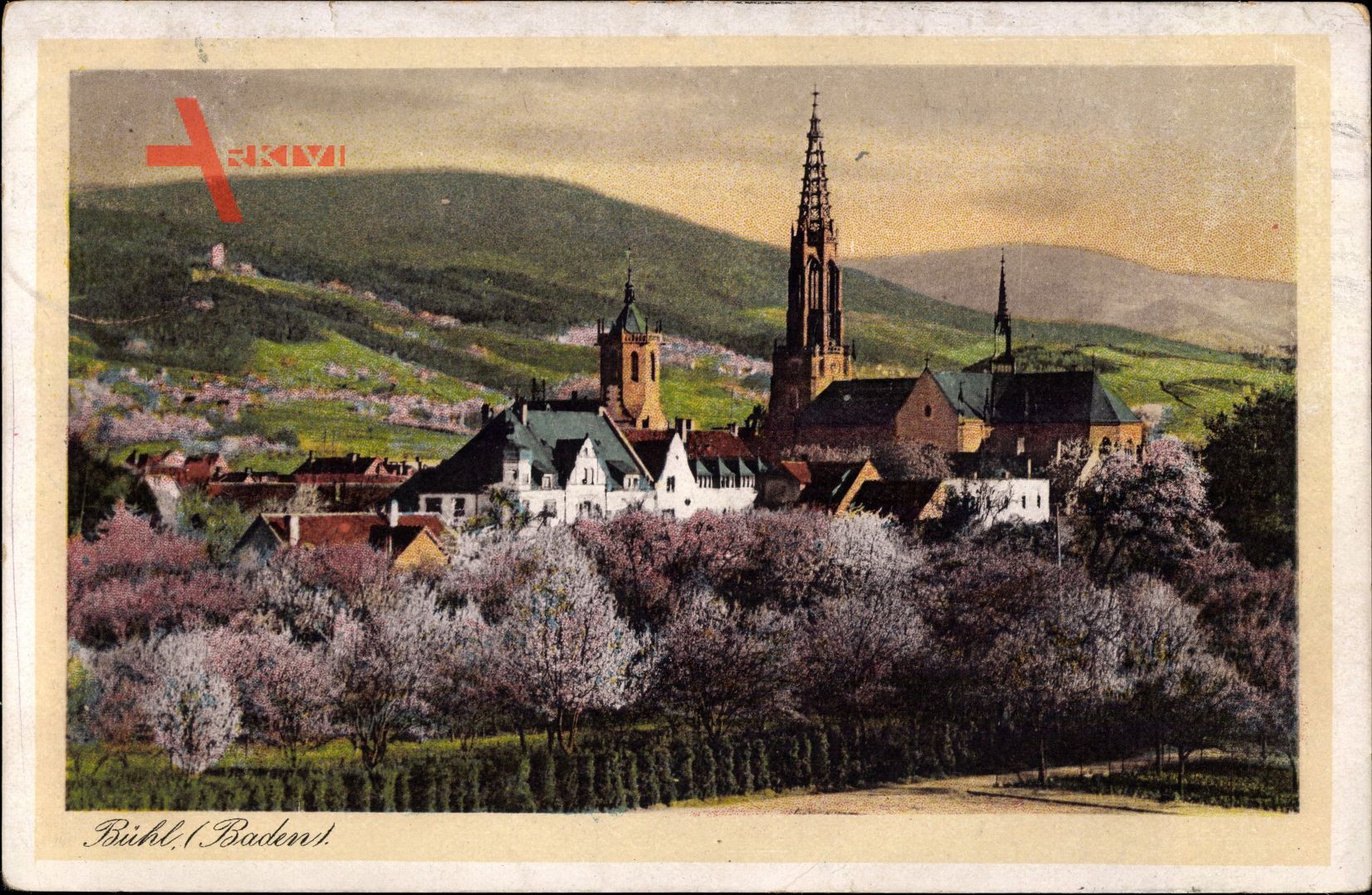 Bühl in Baden, Totalansicht der Stadt, Kirche, Frühling, Baumblüte