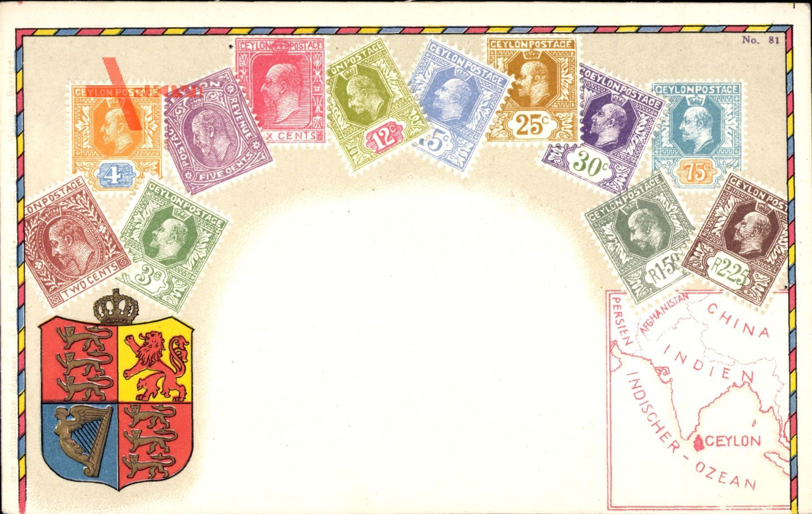Briefmarken Ceylon, Sri Lanka, Wappen, Landkarte