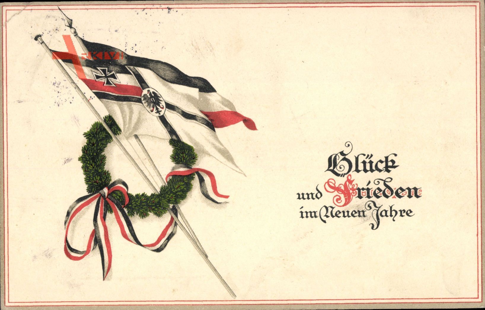 Glückwunsch Neujahr, Fahnen, Kranz, Patriotik Kaiserreich
