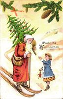 Frohe Weihnachten, Weihnachtsmann mit Tannenbaum, Ski, Kind
