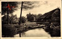 Spreewaldbilder, Am Wiesenhof, Holzhaus am Kanal, Boote