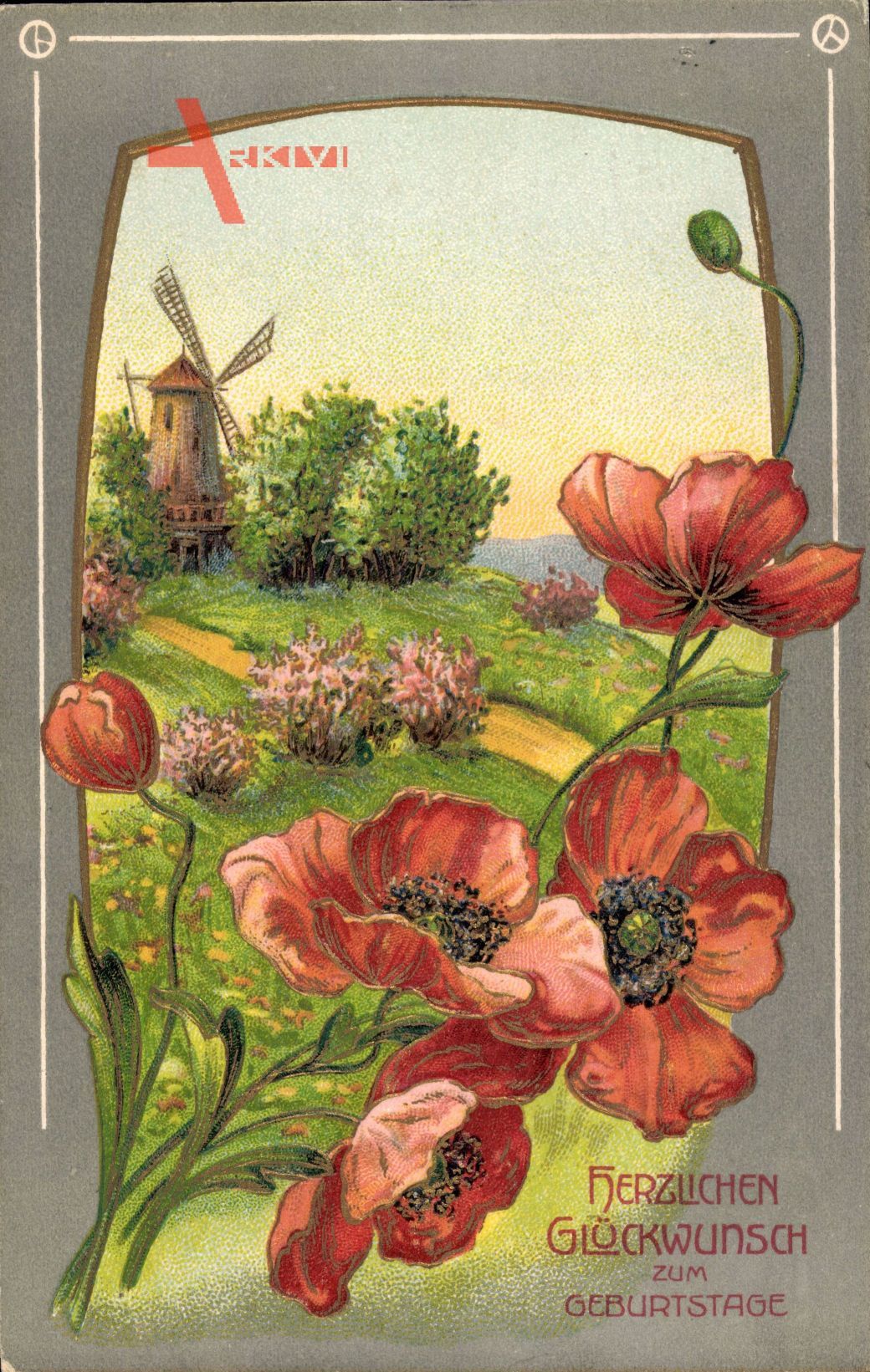 Glückwunsch Geburtstag, Mohnblüten, Frühling, Windmühle