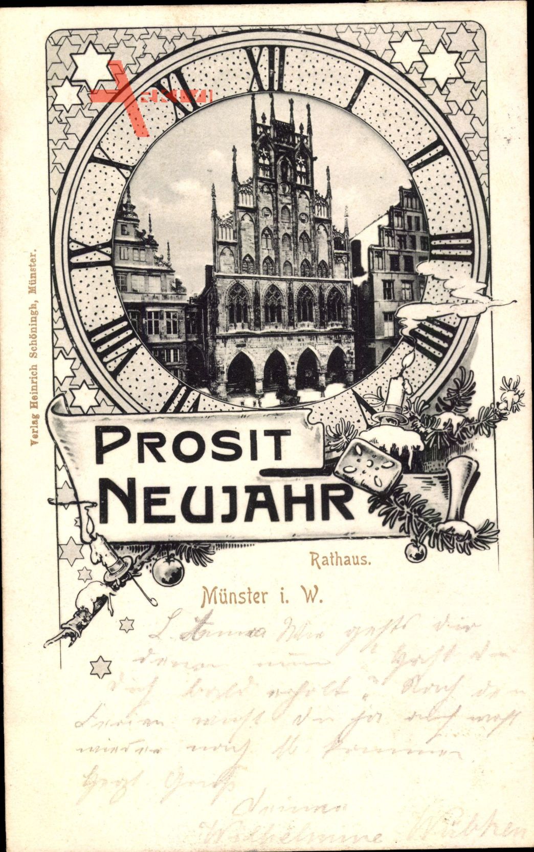 Münster in Westfalen, Blick auf Rathaus, Prosit Neujahr, Ziffernblatt