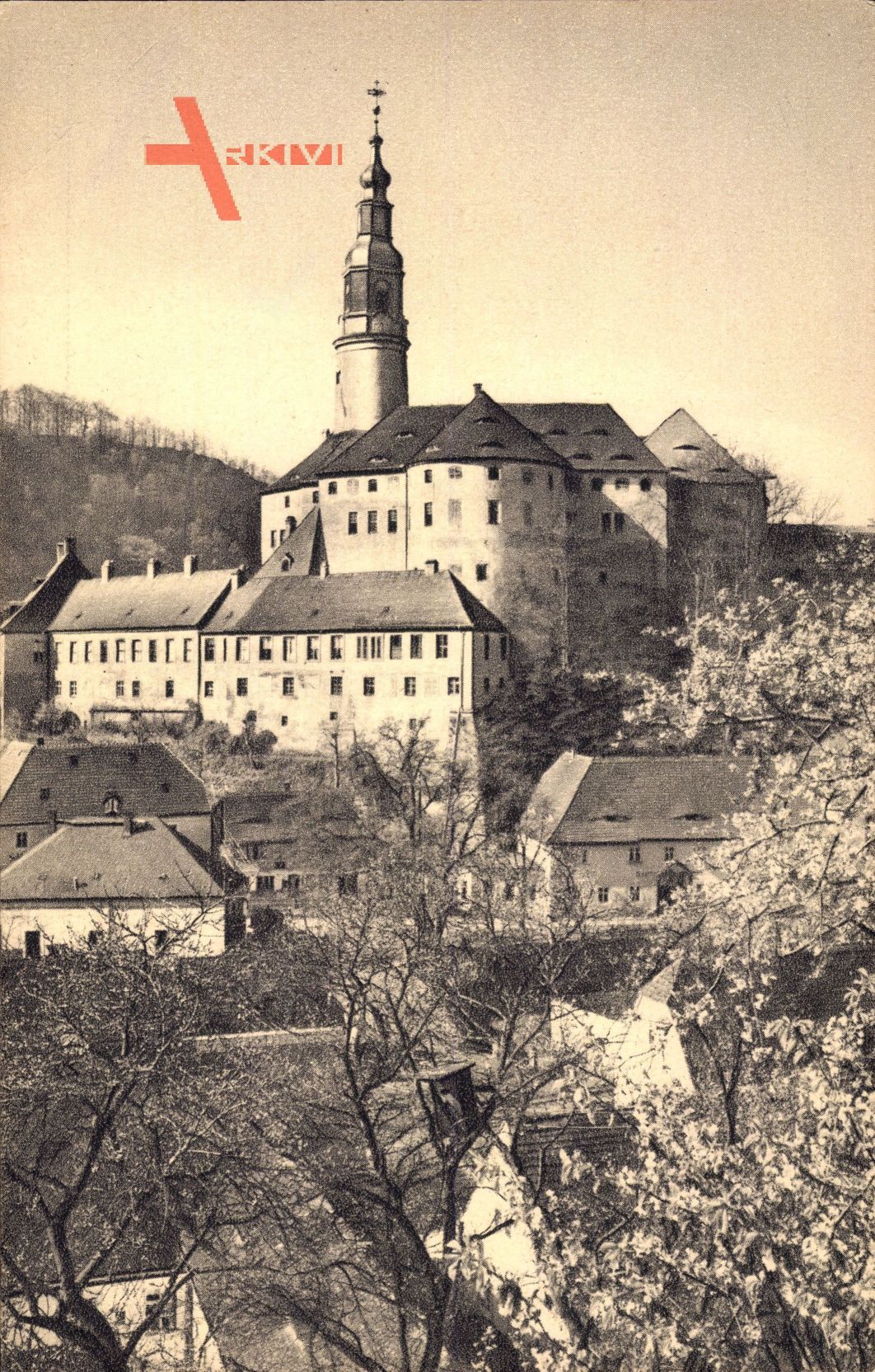 Weesenstein Müglitztal, Blick auf den Ort und das Schloss im Frühling