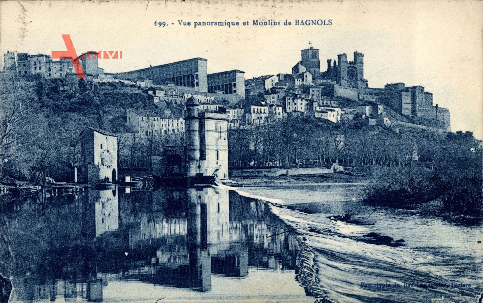 Bagnols Gard, Vue panoramique et Moulins, Kirche, Häuser, Fluss