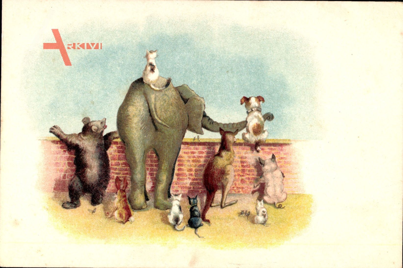 Tiere schauen über die Mauer, Elefant, Bär, Hund, Katzen, Känguru