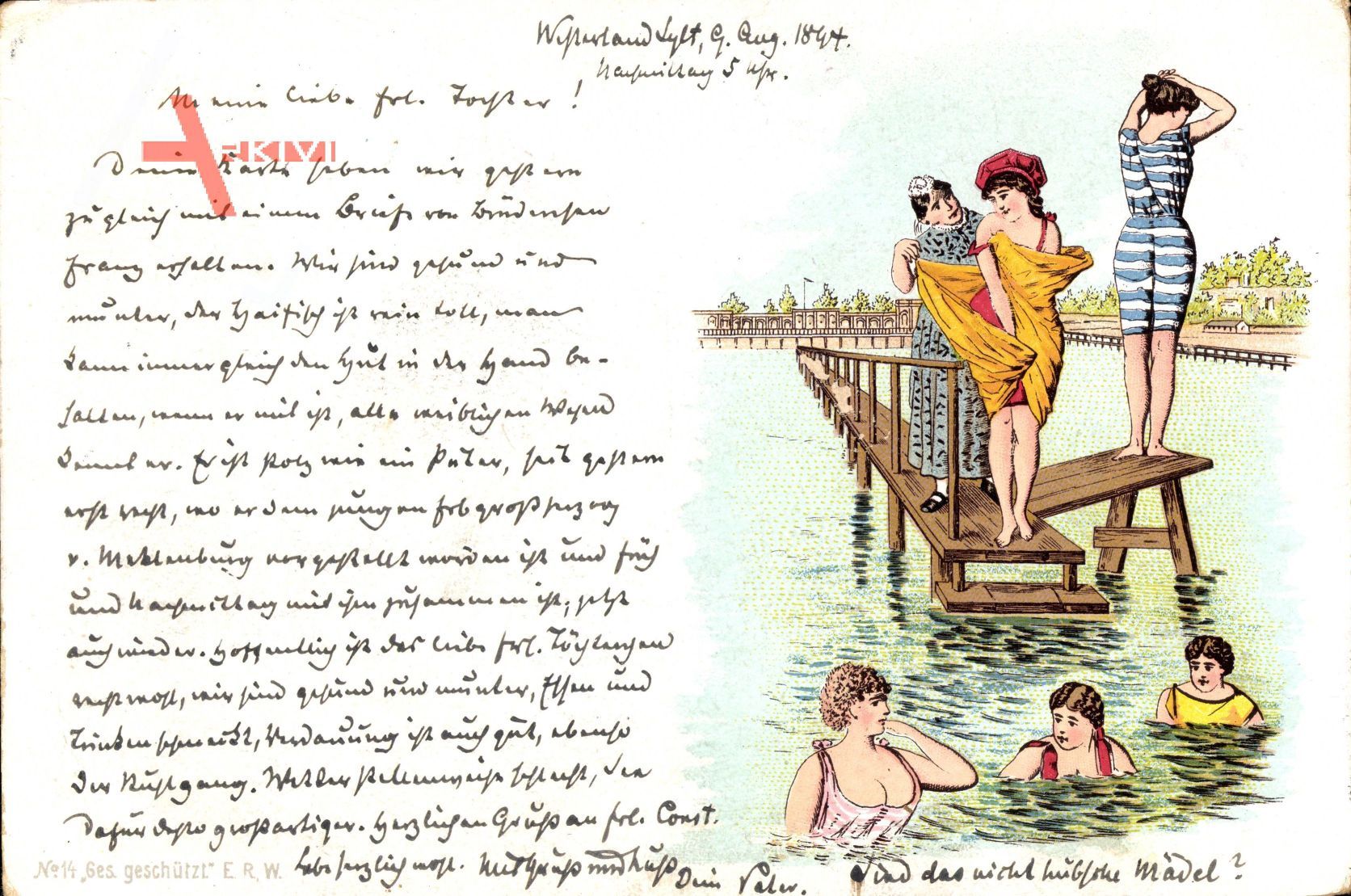 Vorläufer Westerland Sylt, Badegäste im Wasser, Frauenbad,Badekleider,1894