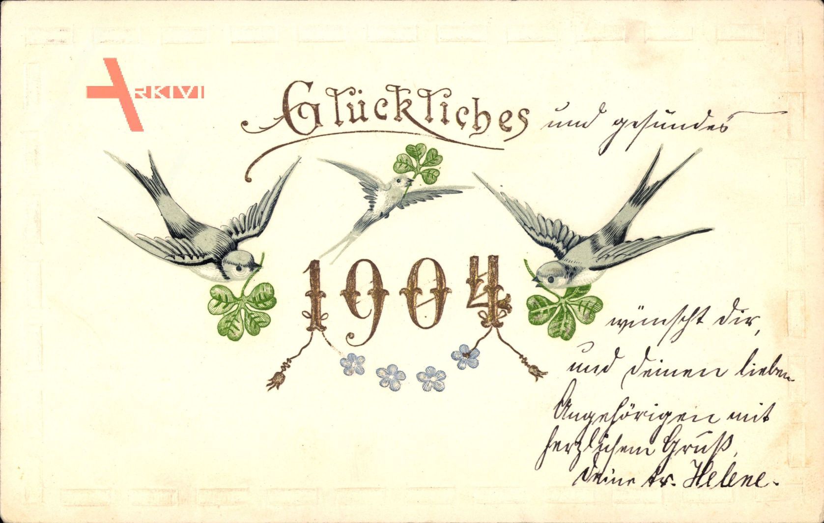 Glückwunsch Neujahr, Jahreszahl 1904, Kleeblätter, Tauben