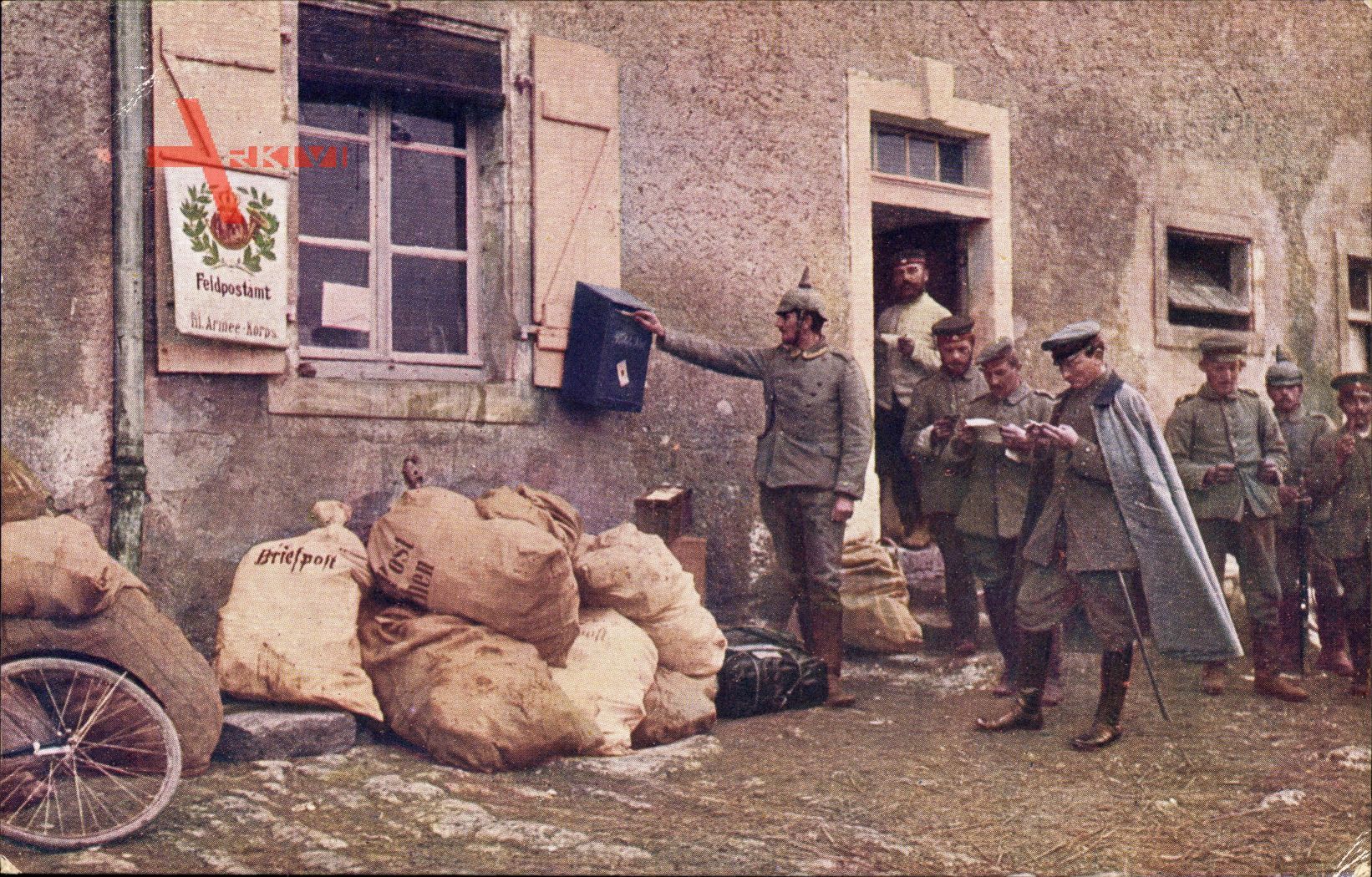 Europäischer Krieg 1914, Soldaten vor dem Feldpostamt