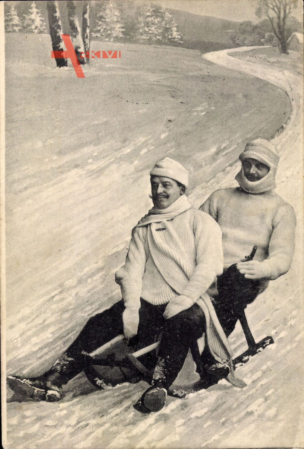 Zwei Männer auf einem Schlitten, Wintersport, Abfahrt