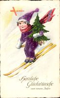 Glückwunsch Neujahr, Kind auf Skiern, Tannenbaum