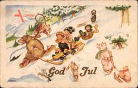 Frohe Weihnachten, Schlittenfahrt, Bär, Affe, Schweine, God Jul
