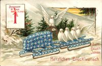 Glückwunsch Neujahr, Tauben fahren Schlitten, Kalenderblatt
