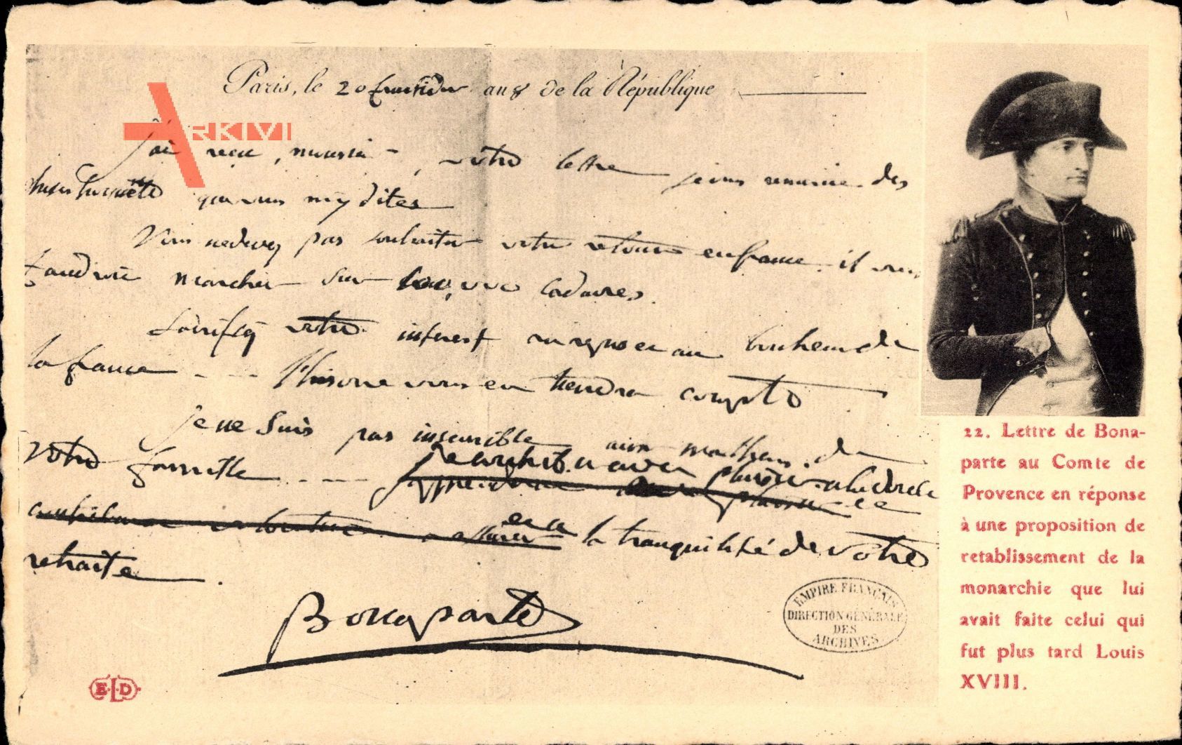 Napoleon Bonaparte, Brief an Monarchen zur Restauration