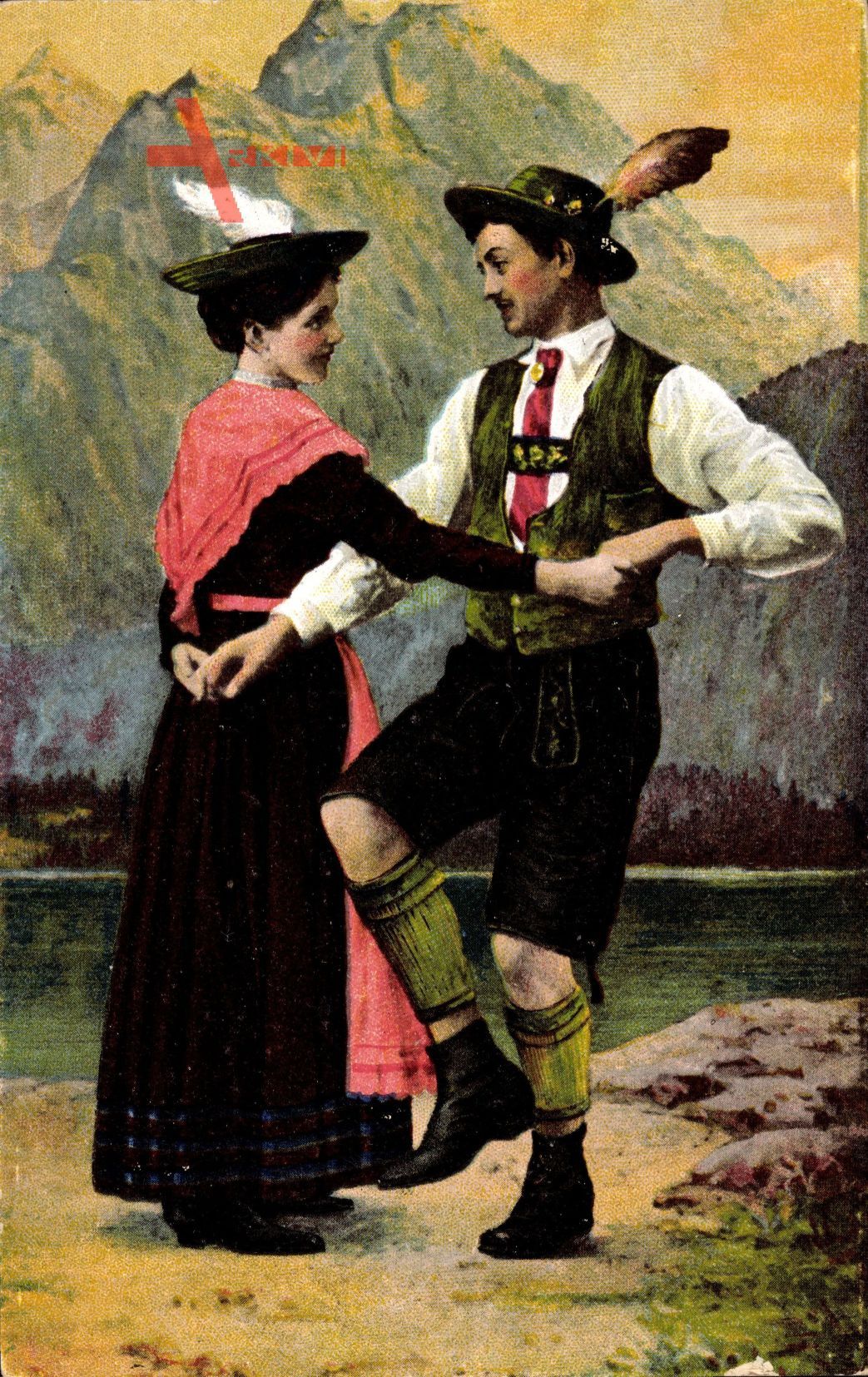 Zwei Bayern in Landestrachten beim Tanzen, Paartanz, Lederhosen