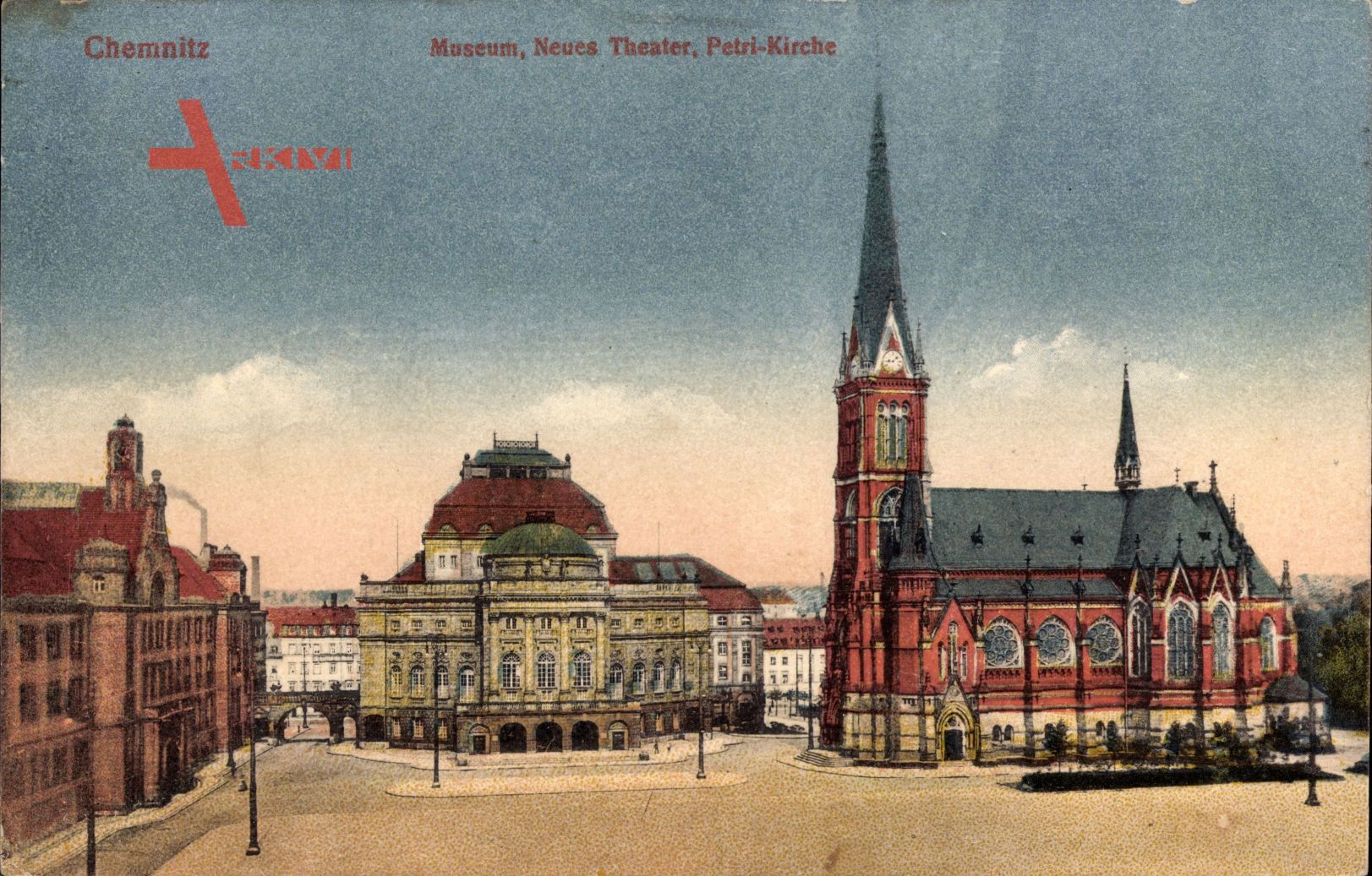 Chemnitz Sachsen, Blick auf Museum, neues Theater, Petrikirche, Fassade