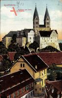 Quedlinburg im Harz, Blick auf den Ort mit Schloss und Dom, Kirchturm