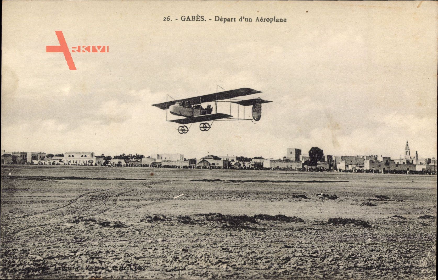 Gabès Tunesien, Depart d'un Aéroplane, Biplan, Flugzeug