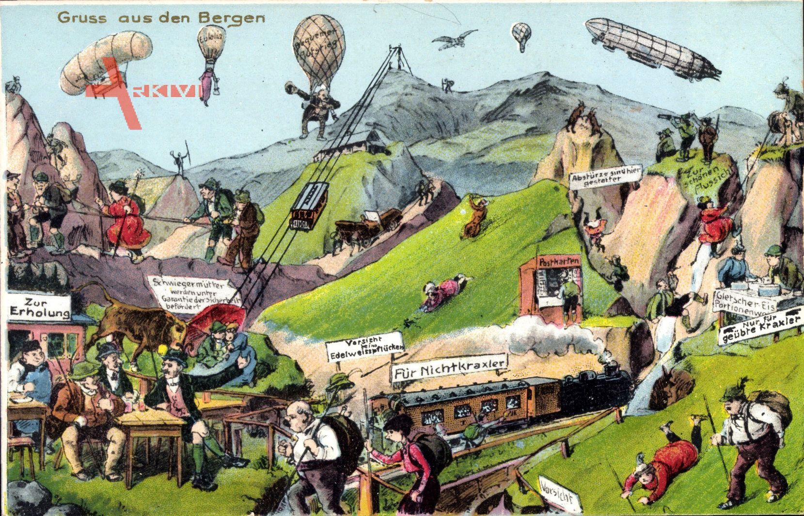Zukunft Gruß aus den Bergen, Zeppeline, Ballons, Eisenbahn, Bergsteiger