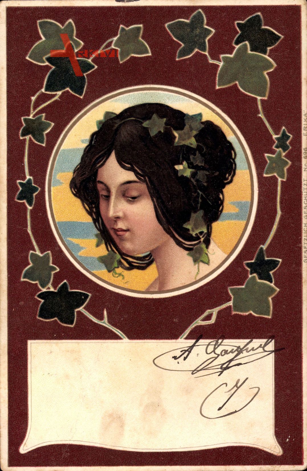 Passepartout Junge Frau mit schwarzem Haar, Weinblätter