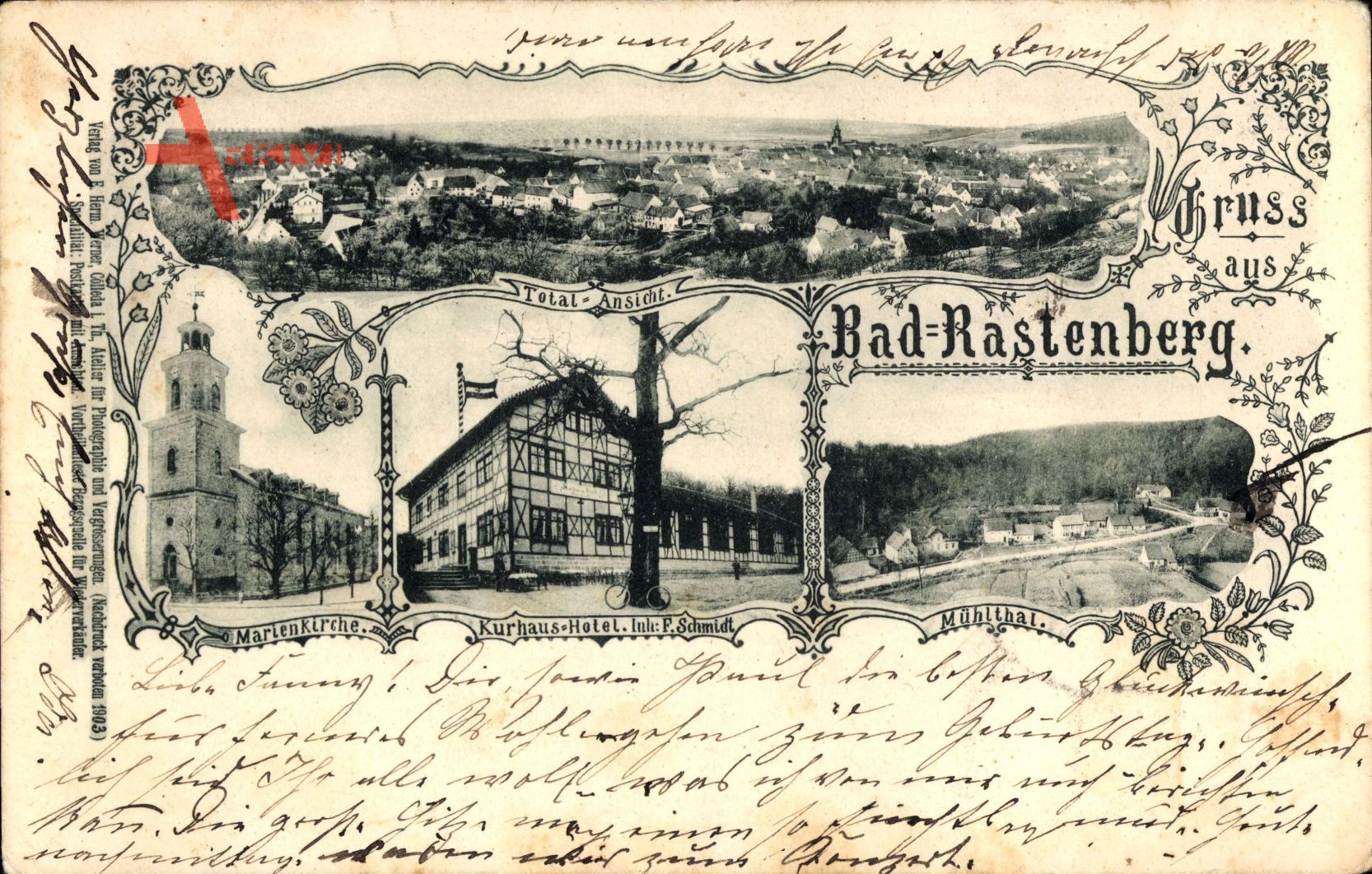 Rastenberg im Kreis Sömmerda Thüringen, Totale, Kurhaus Hotel, F. Schmidt