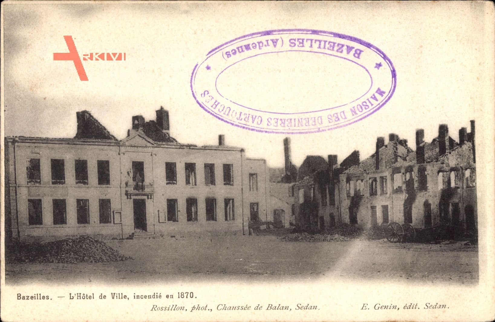 Bazeilles Ardennes, L'Hôtel de Ville, incendié en 1870, Zerstörtes Rathaus
