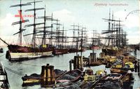 Hamburg, Partie im Segelschiffhafen, Fischerboote, Fischernetze, Segelschiffe