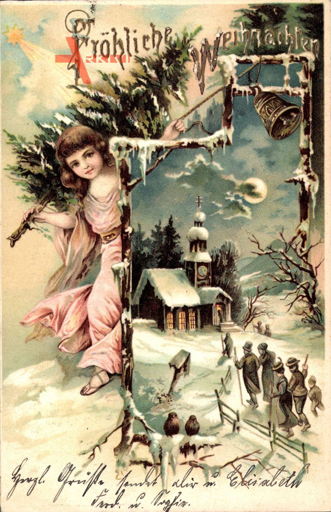 Frohe Weihnachten, Glocke, Sternschnuppe, Tannenbaum