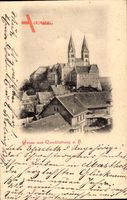 Quedlinburg im Harz, Blick über Dächer zur Kirche, Kirchturm, Häuser
