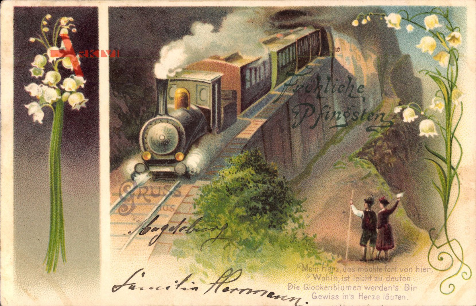 Glückwunsch Pfingsten, Eisenbahn, Dampflokomotive, Glockenblumen