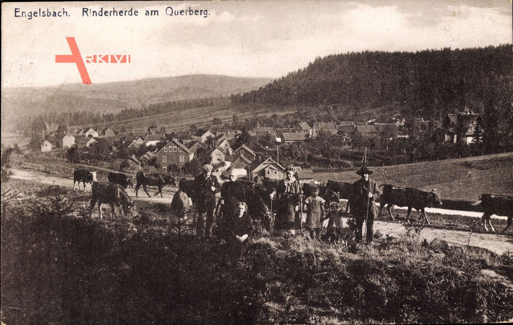 Engelsbach, Rinderherde am Querberg, Bauer, Familie, Häuser, Wald