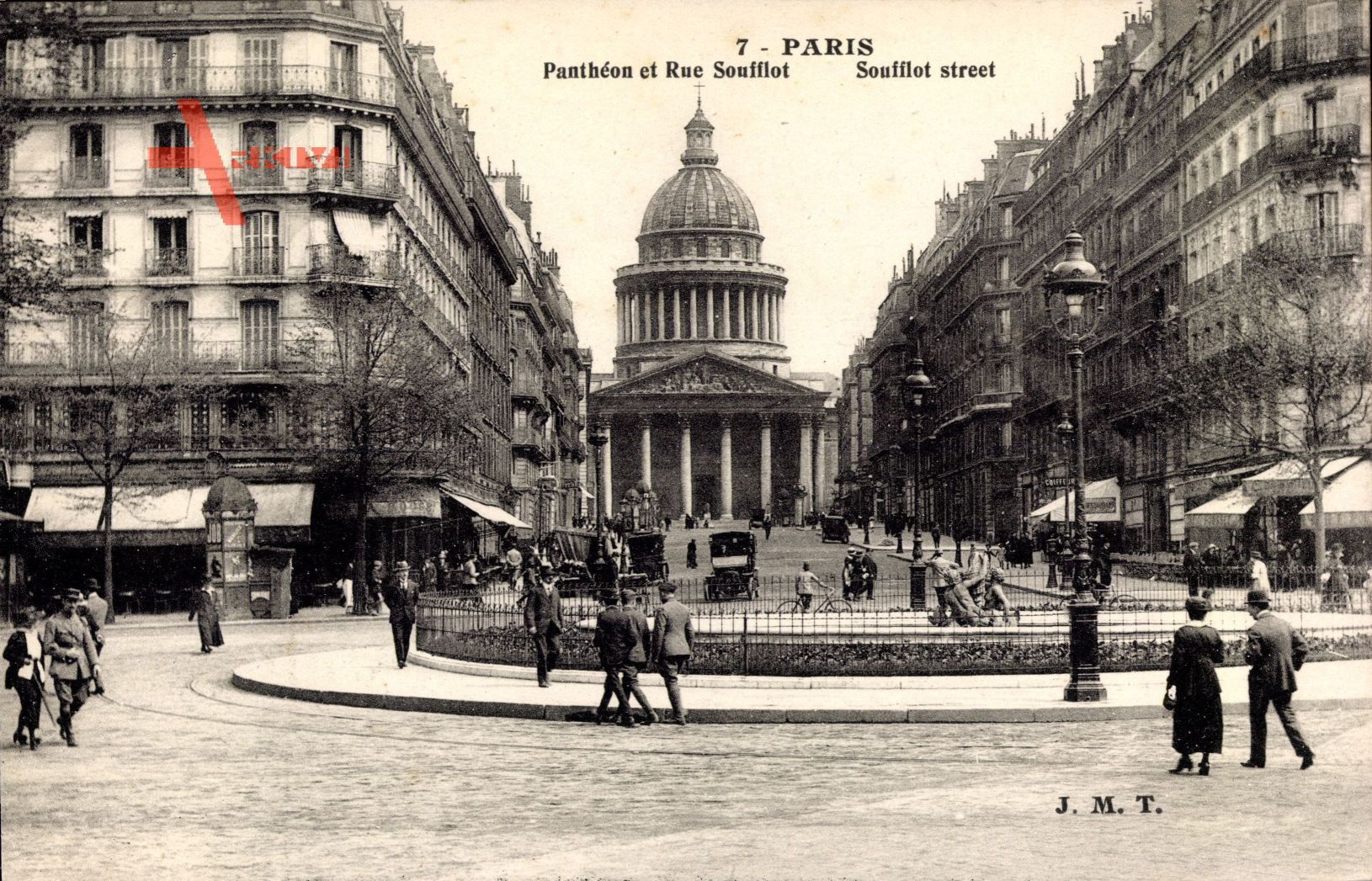 Paris, Pantheon et Rue Soufflot, Passanten, Autos, Statue, Geschäfte