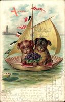 Zwei Hunde segeln, Muschel, Kitsch, Teichrosen, Für heute manches Blümchen..