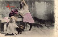 Zwei Kinder mit einem Dackel, Korb, Mädchen, Junge