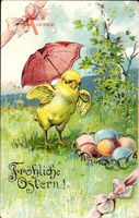 Glückwunsch Ostern, Küken mit Regenschirm, Ostereiernest