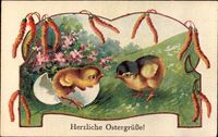 Glückwunsch Ostern, Zwei Küken, Frisch geschlüpft, Birkensamen