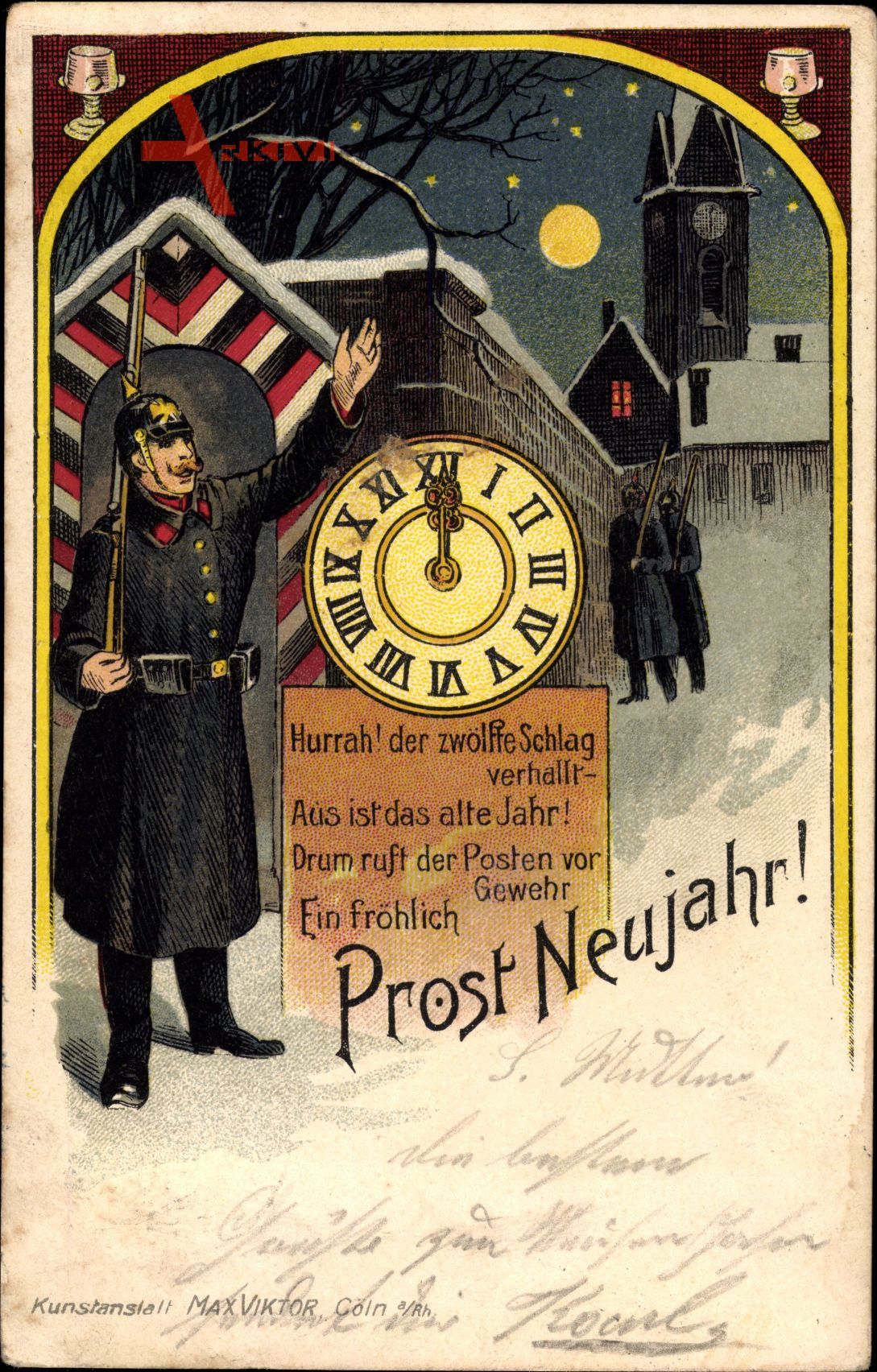 Glückwunsch Neujahr, Wachposten bei Nacht, Ziffernblatt, Mitternacht