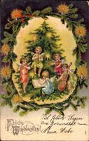 Frohe Weihnachten, Tannenbaum, Engel spielen auf Instrumenten