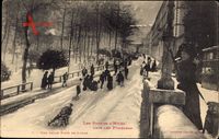 Hiver Haute Garonne, Dans les Pyrénées, Straßenpartie, Schlittenfahrer