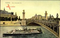 Paris, Pont Alexandre III., Flusspartie, Brücke, Dampfer Dubonnet