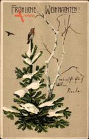 Frohe Weihnachten, Tannenbaum, Spatzen, Schnee