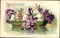 Glückwunsch Ostern, Osterhasen, Ruderboot, Blumen, Kitsch