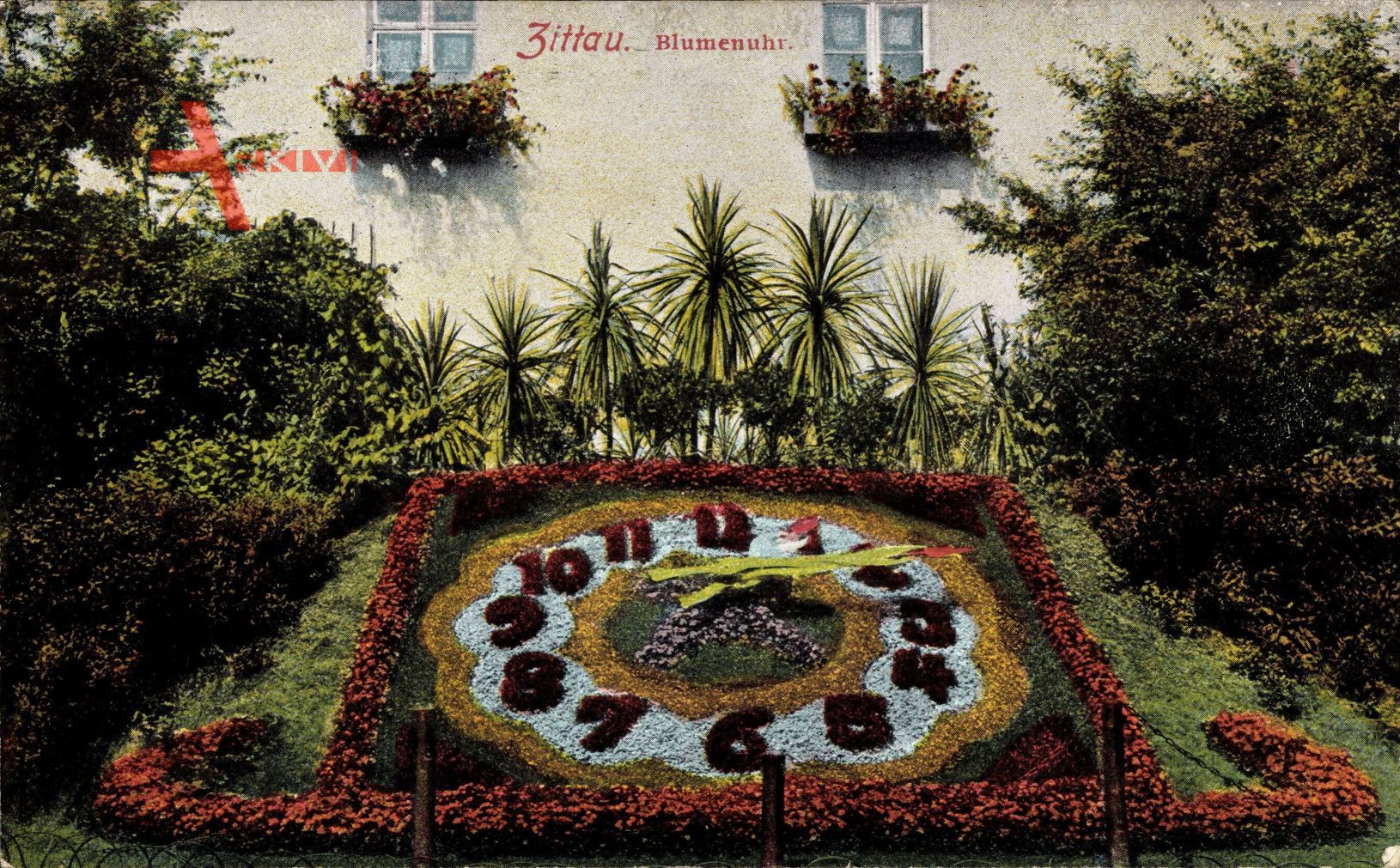 Zittau Sachsen, Ansicht einer Blumenuhr, Hausfenster mit Blumenkästen