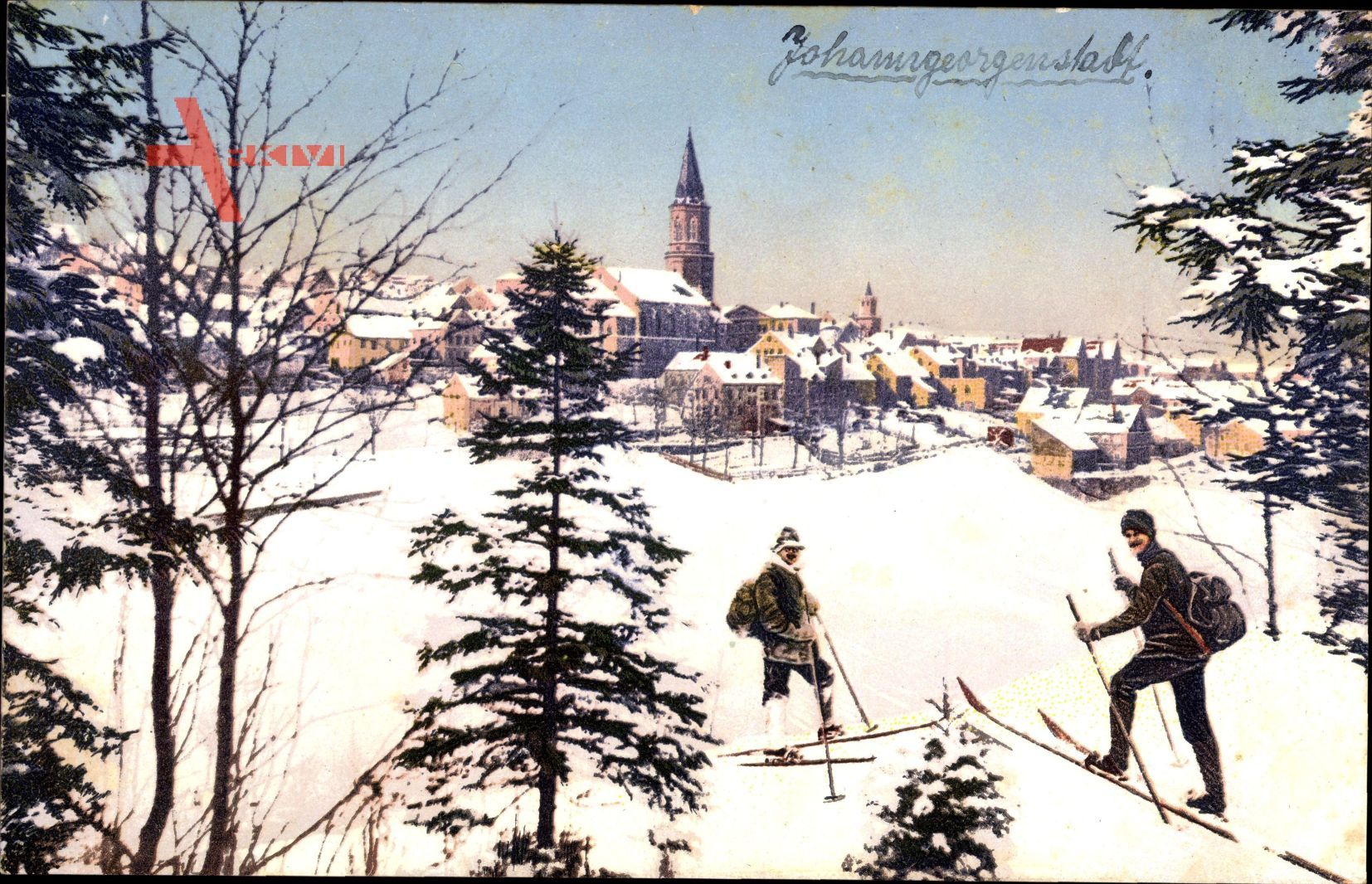 Johanngeorgenstadt Erzgebirge, Winteransicht mit Skifahrern