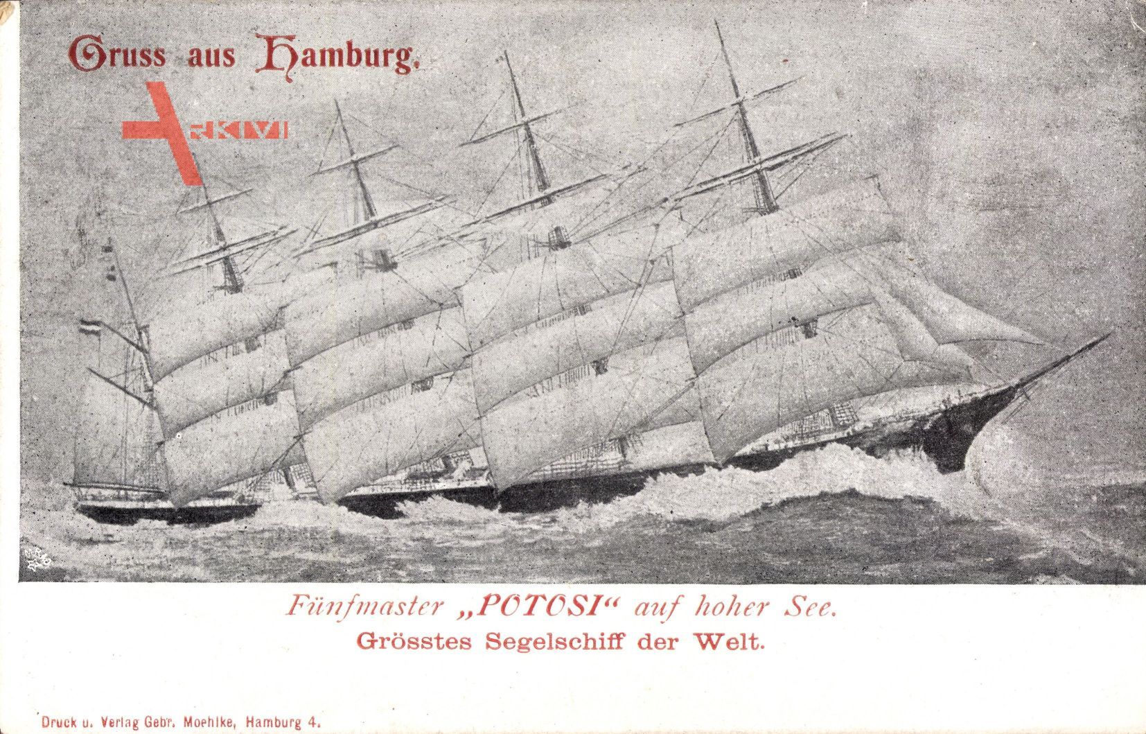 Hamburg, Fünfmaster Potosi auf hoher See, Größtes Segelschiff