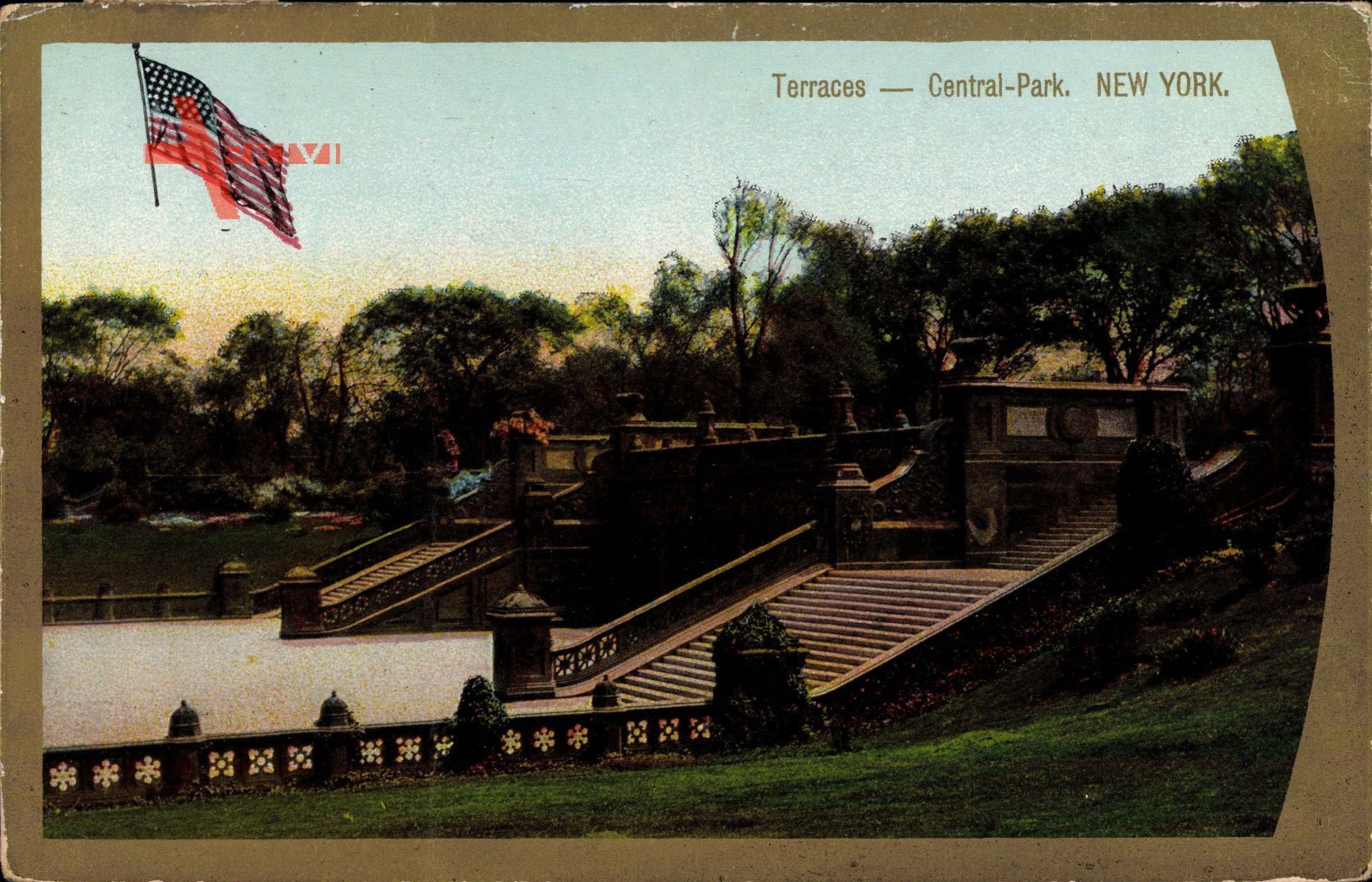 New York City, Terraces, Central Park, Stairs, Flag