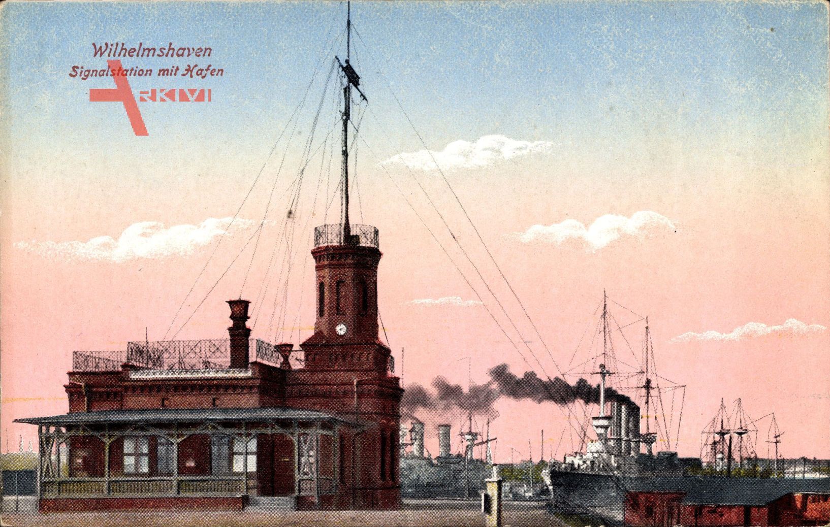 Wilhelmshaven, Signalstation mit Hafen, Schiffe, Schornstein, Rauch, Uhr