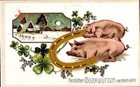 Glückwunsch Neujahr, Schweine, Hufeisen, Kleeblätter, Winteridyll