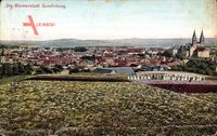 Quedlinburg im Harz, Blick vom Blumenbeet auf die Stadt